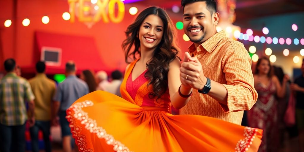 Couple dancing, vibrant, festive atmosphere, Texas