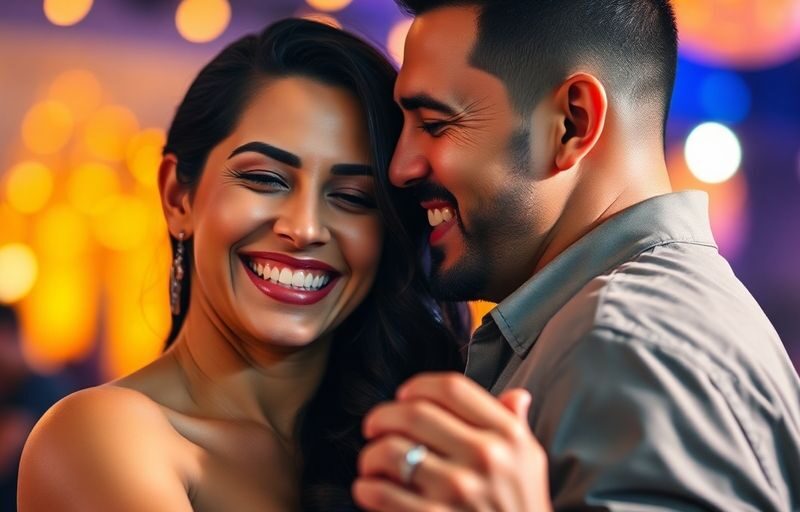 Couple dancing, vibrant, festive, intimate, joyful.