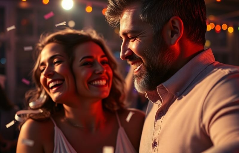 Couple dancing with joy at a vibrant party.