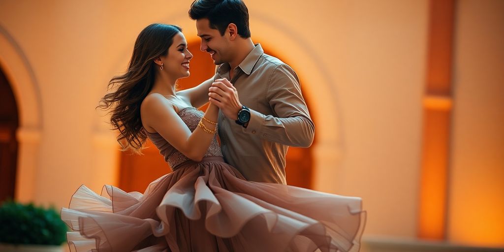 Couple dancing with vibrant, flowing clothes.