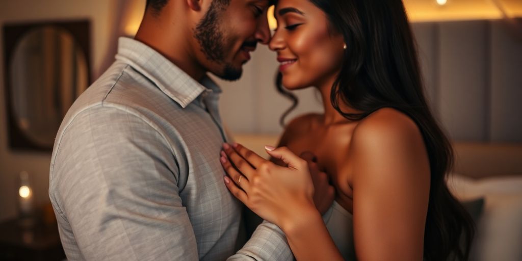 Couple embracing in a sensual, intimate pose.