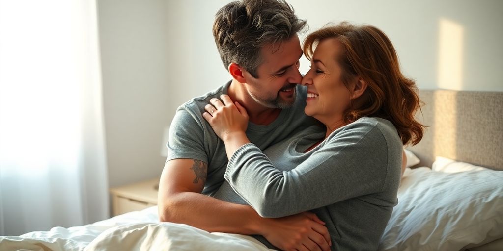 Couple embracing intimately, soft lighting, bedroom setting.