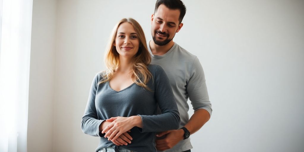 Couple embracing, man on left, woman on right, smiling.