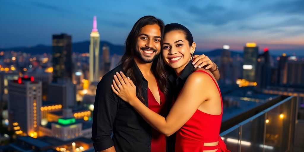 Couple embracing near city skyline.