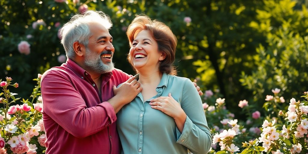 Couple embracing outdoors joyfully.