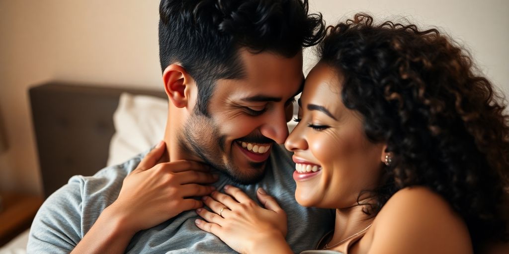 Couple embracing, playful bedroom mood.