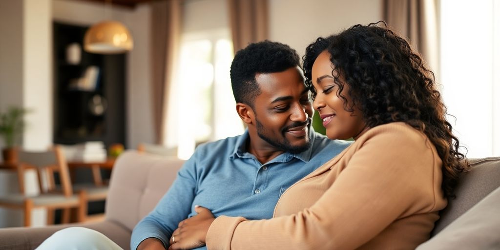 Couple embracing, soft lighting, comfortable home.