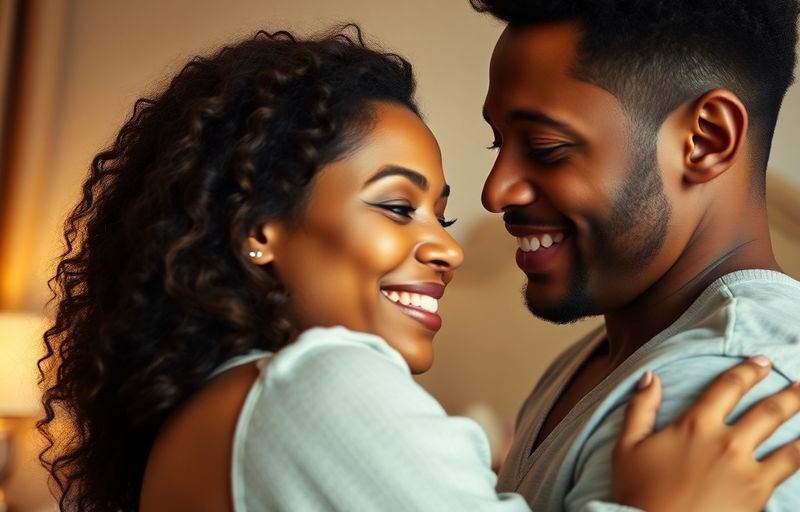 Couple embracing, soft lighting, elegant, intimate bedroom setting.
