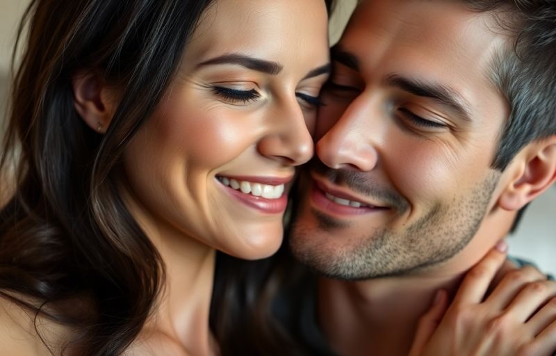 Couple embracing, soft lighting, intimate bedroom setting.