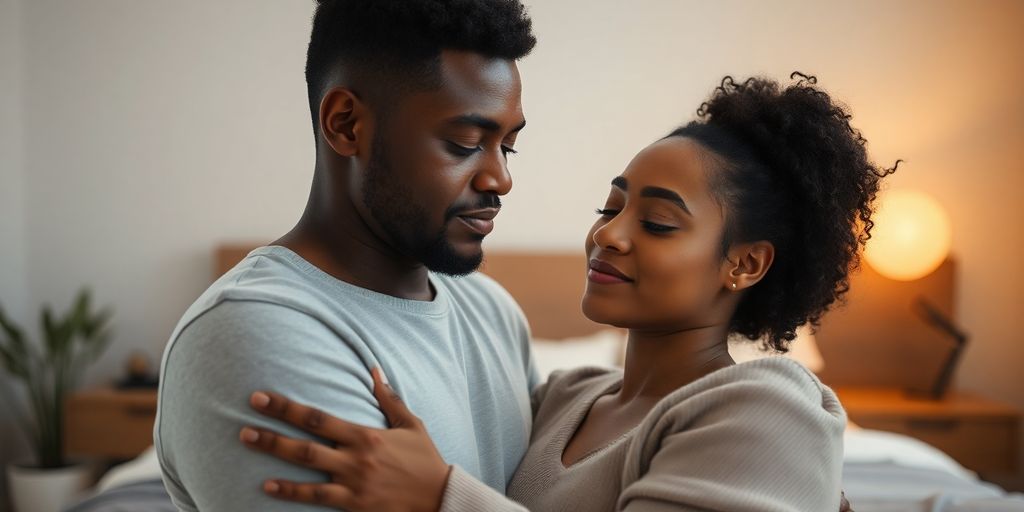 Couple embracing, soft lighting, minimalist bedroom.