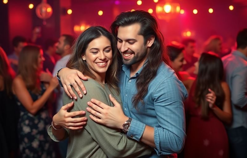 Couple embracing, surrounded by other couples dancing.