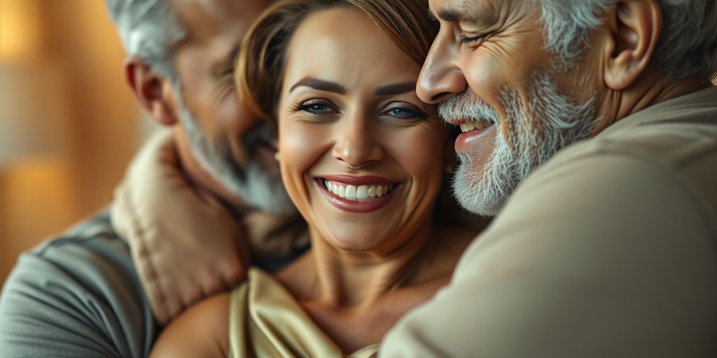 Couple embracing, vibrant, sensual, mature, joyful, intimate.