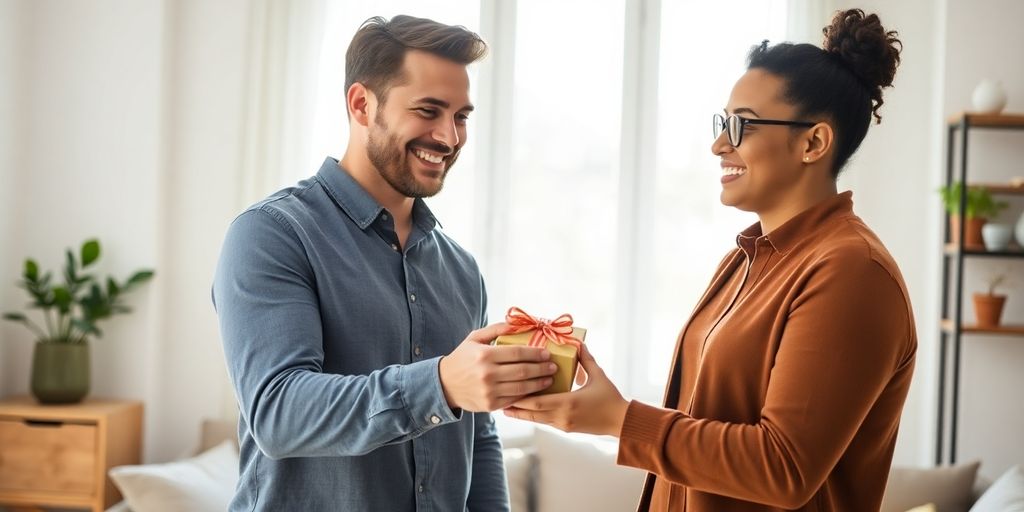 Couple exchanging gifts, smiling, in a modern home.