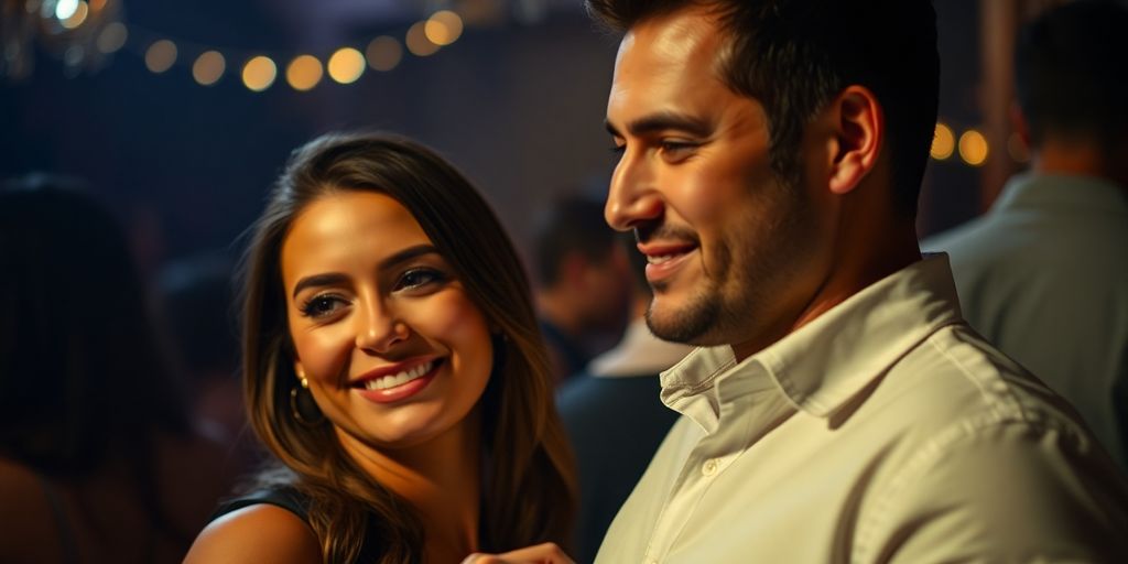 Couple exchanging playful glances at a party.