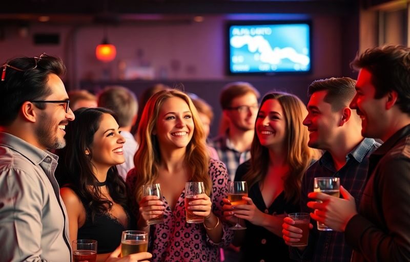 Couple flirts at a vibrant, lively social gathering.