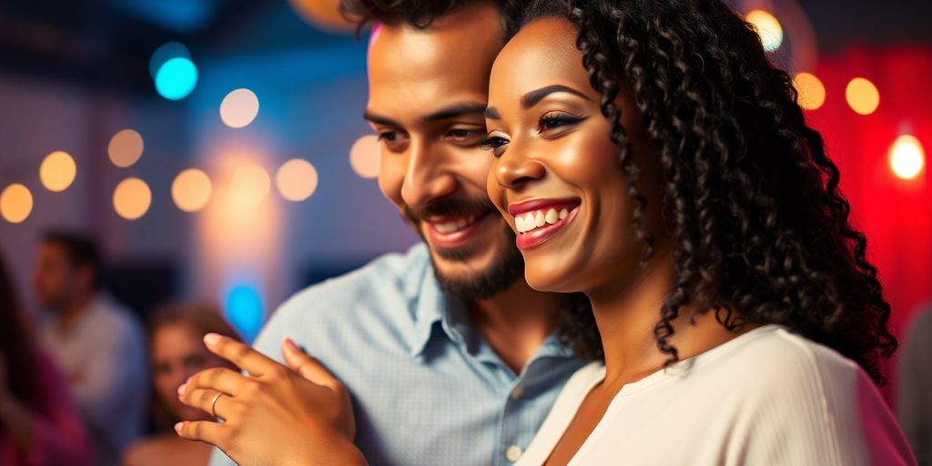 Couple flirts at a vibrant party.