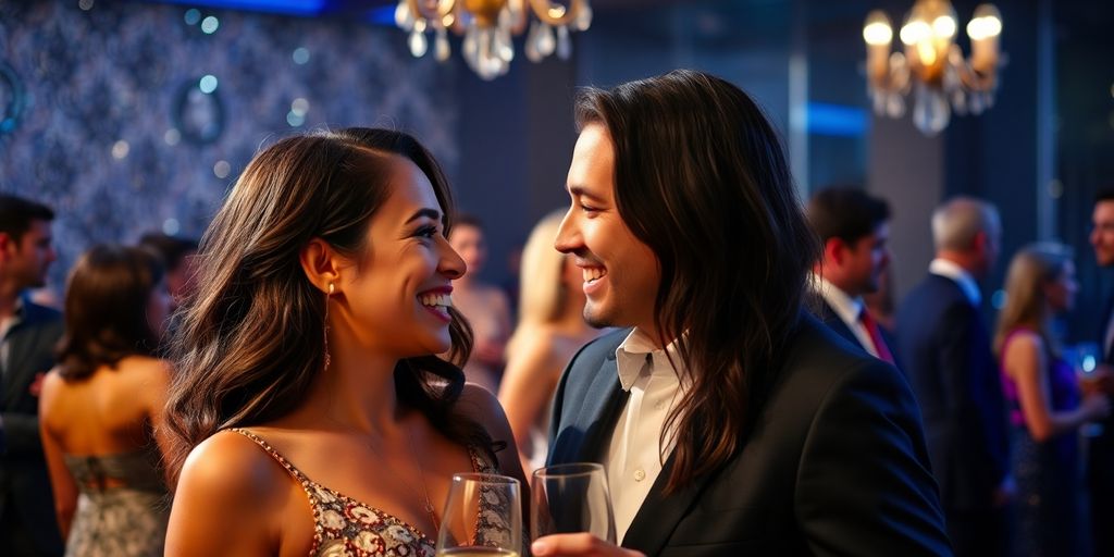 Couple flirts at a vibrant, sophisticated party.