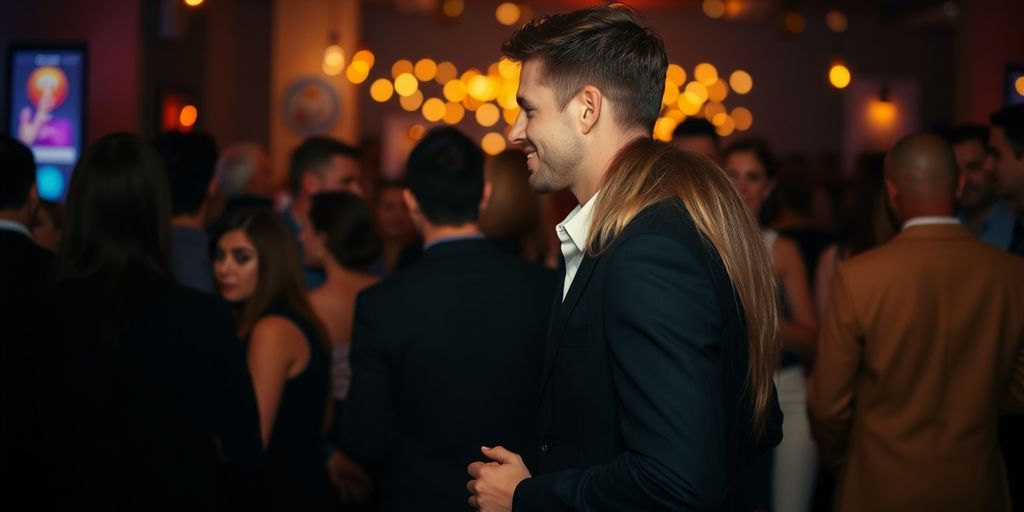 Couple flirts subtly at a vibrant, lively party.
