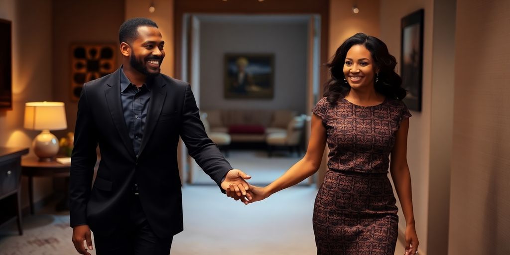 Couple holding hands, entering a vibrant, dimly lit room.