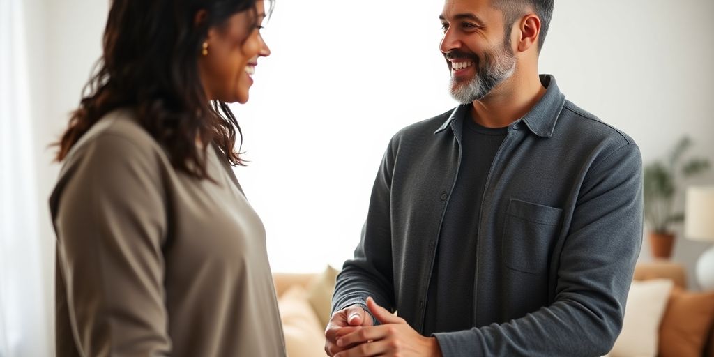 Couple holding hands, looking at each other.