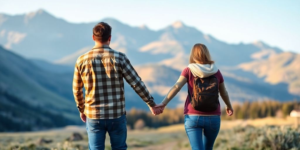 Couple holding hands, mountainous backdrop.