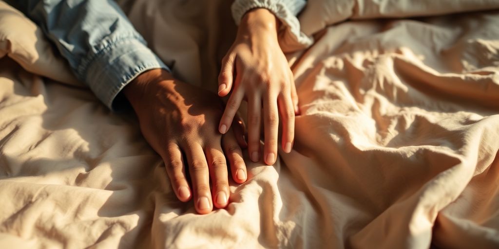 Couple holding hands on a bed.