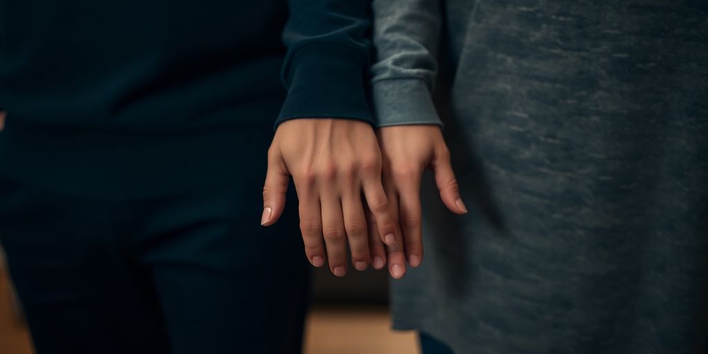 Couple holding hands, sensual, intimate, soft lighting.