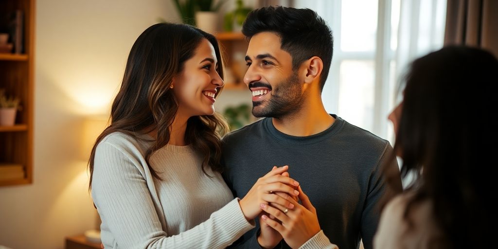 Couple holding hands, smiling