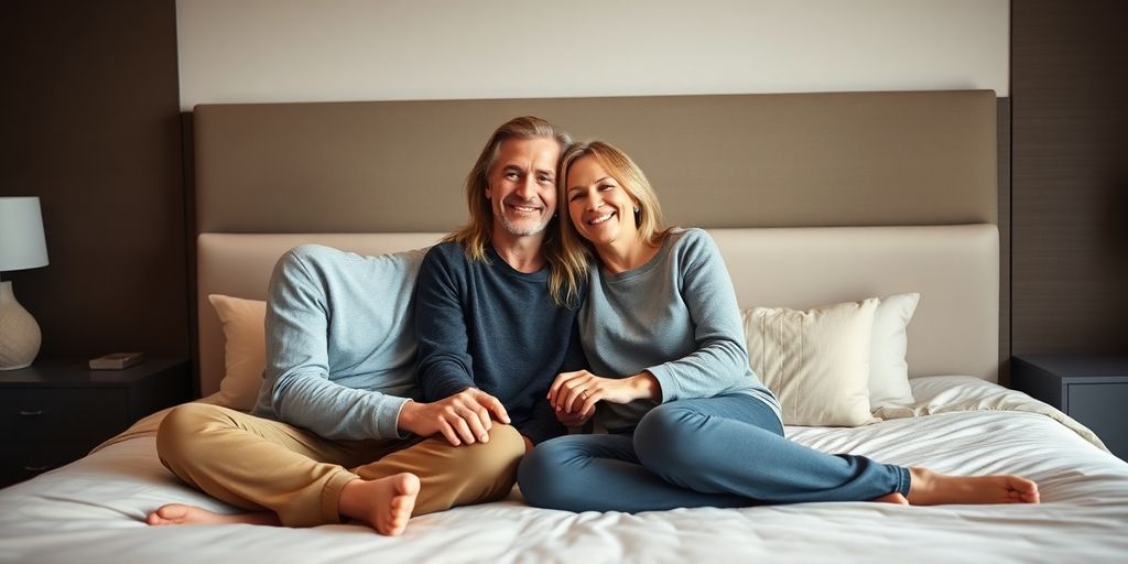Couple holding hands, smiling, in a cozy bedroom.