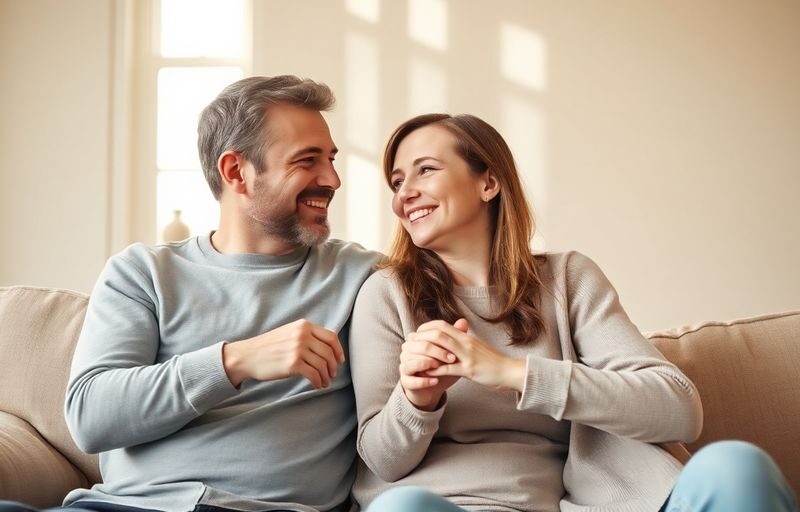 Couple holding hands, smiling, in a cozy home.