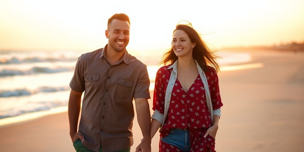 Couple holding hands, walking into sunset.