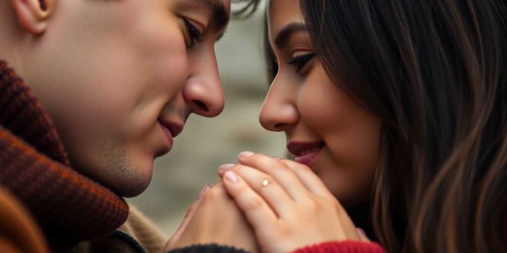 Couple intimately embracing, soft focus, warm lighting.