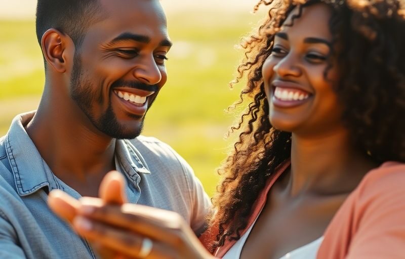 Couple laughing, dancing in sunny field.