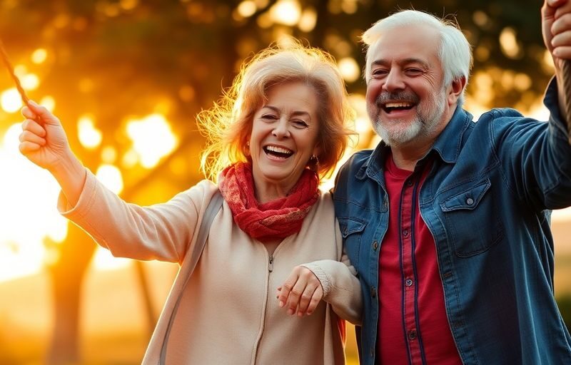 Couple laughing, swinging on porch swing at sunset.