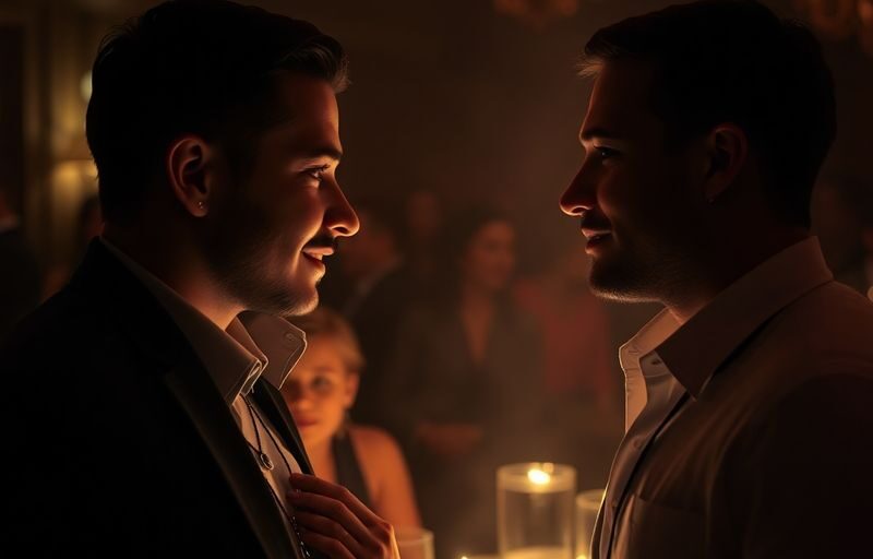 Couple making eye contact at a swinger party.