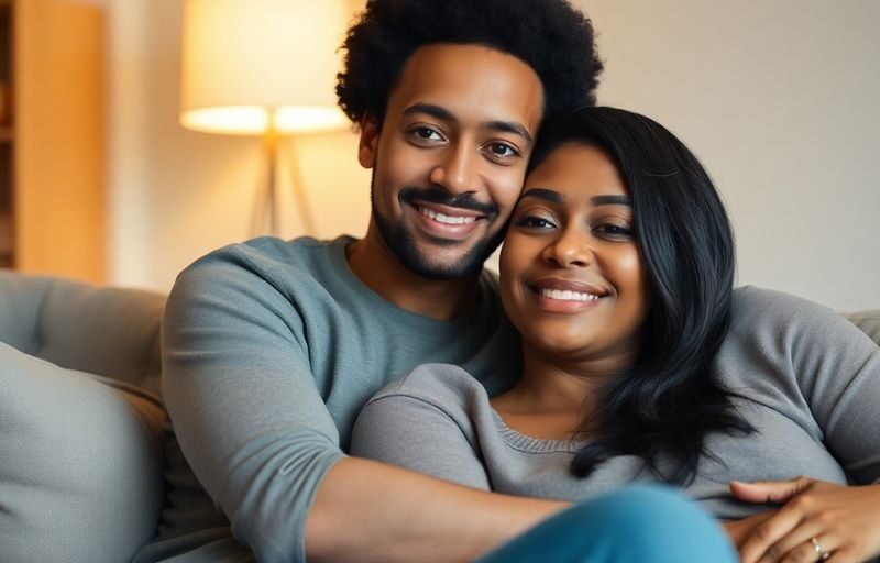 Couple on a couch, subtly interacting.
