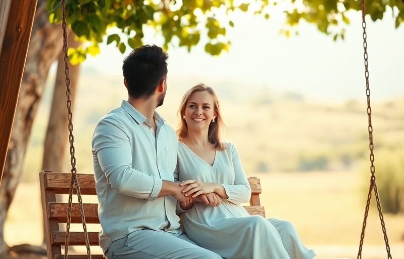 Couple on minimalist swing, serene, intimate moment.