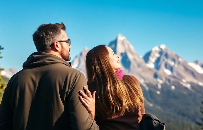 Couple on mountain, discreetly holding hands.