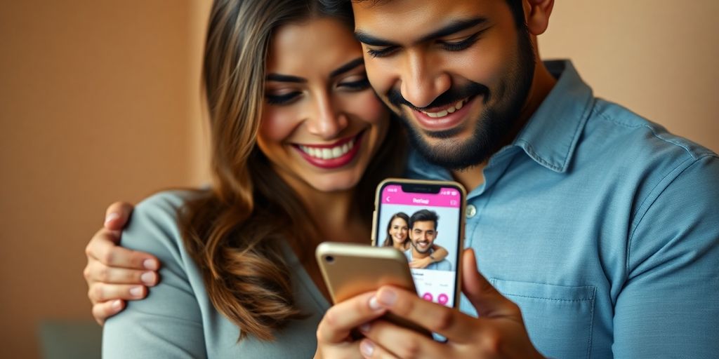 Couple on phone, dating app profile visible, smiles.
