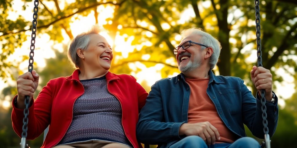 Couple on swing set at sunset.