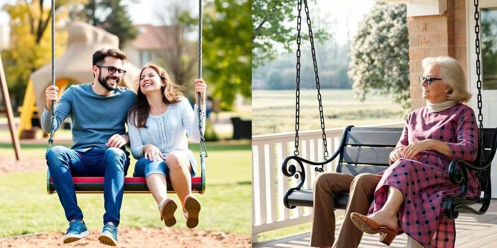 Couple on swings, one younger, one older.