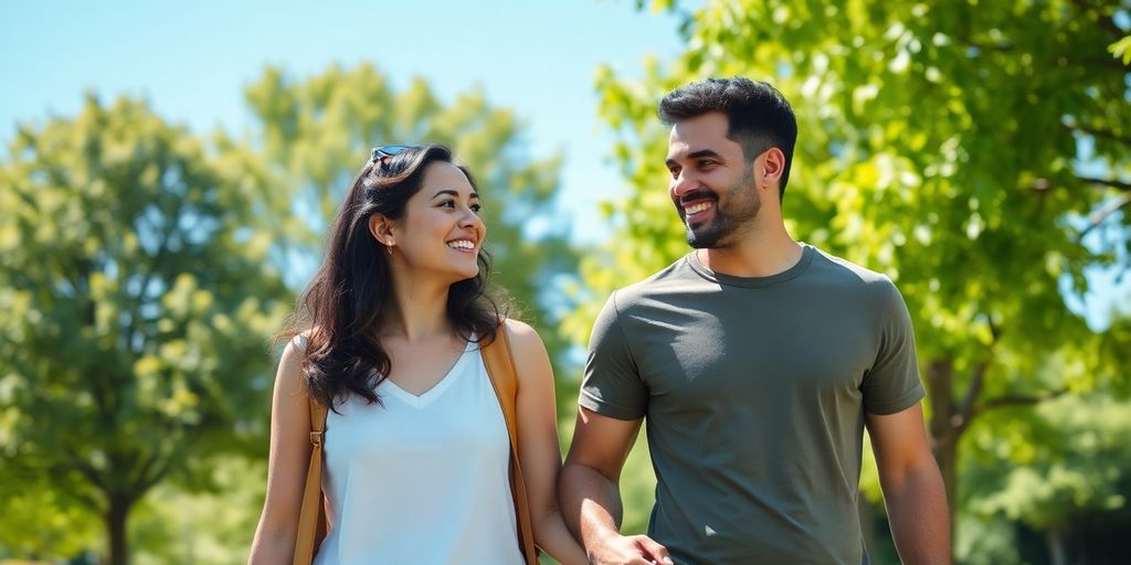 Couple smiling, holding hands, park background.