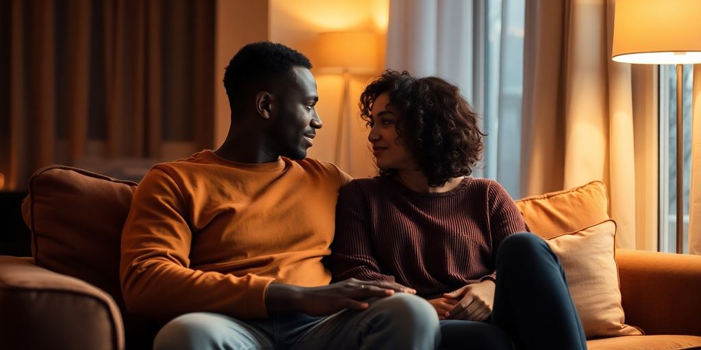 Couple talking intimately in soft light.