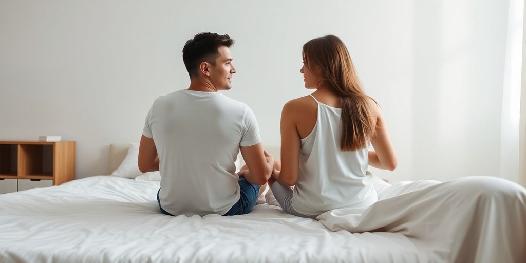 Couple talking, minimal bedroom.