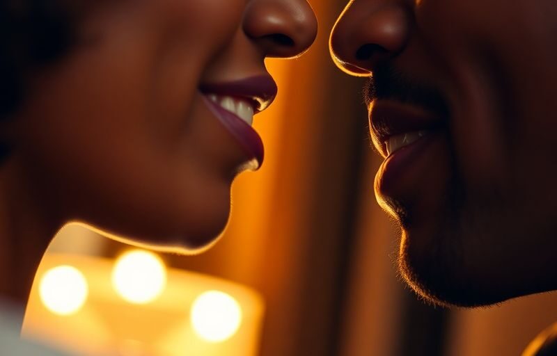 Couple whispering intimately, suggestive atmosphere