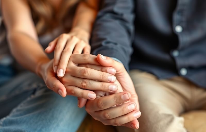 Couples connecting, hands intertwined, soft lighting, warm colors.