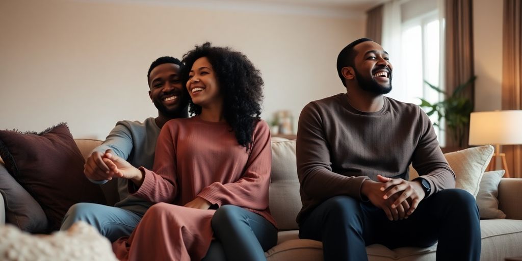 Couples connecting, soft lighting, intimate setting, modern decor.