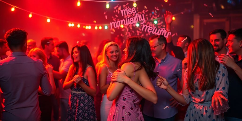 Couples dancing at a lively party.