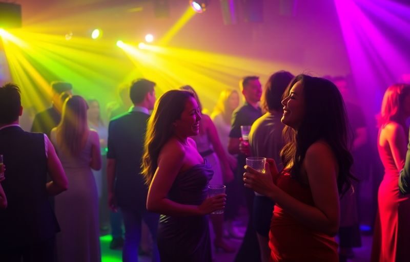 Couples dancing closely under dim, colorful lights.