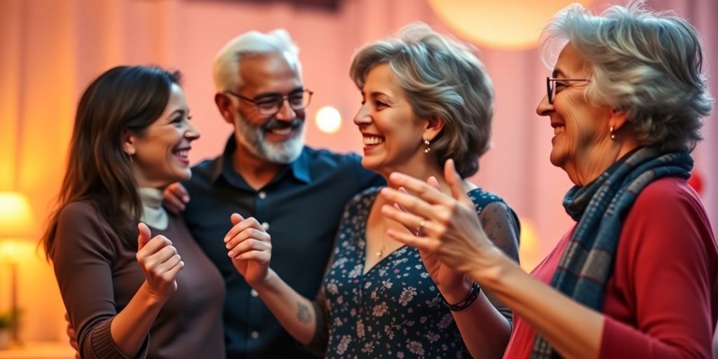 Couples dancing, diverse ages, vibrant colors.